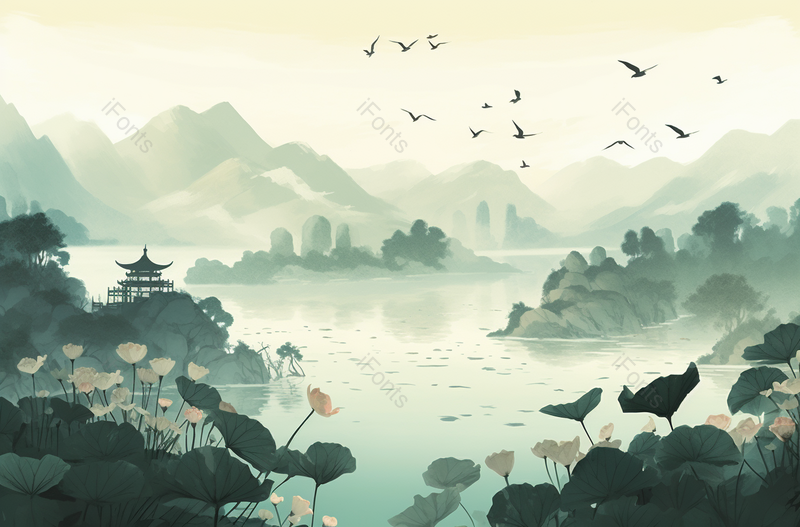 池塘边的荷花山水画背景,插画/手绘图,插画/手绘图库,插画/手绘图下载,插画/手绘